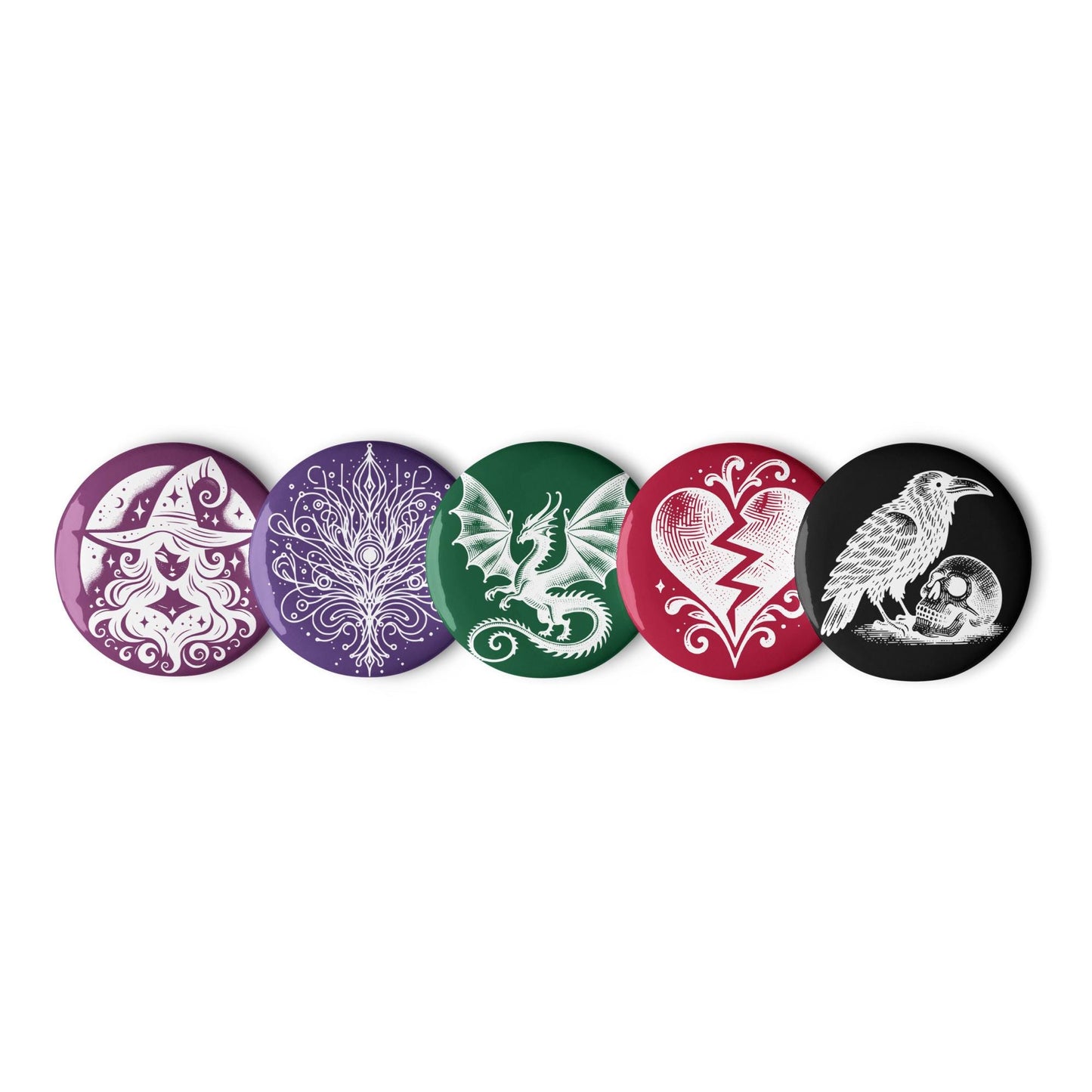 Vibrant Colored Gothic Art Set of 5 Pin Buttons of Raven Witch Dragon