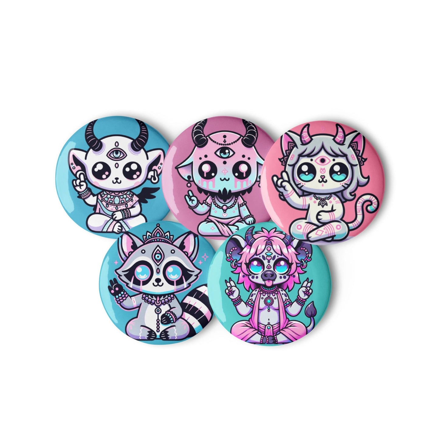 Creepy Cute Weirdcore Shaman Demon Animals Set of 5 Button Pins