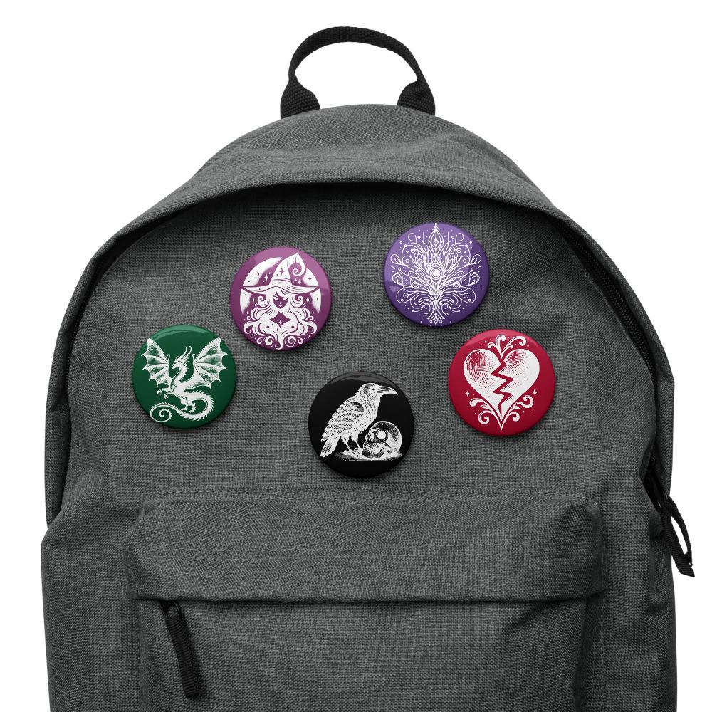 Vibrant Colored Gothic Art Set of 5 Pin Buttons of Raven Witch Dragon