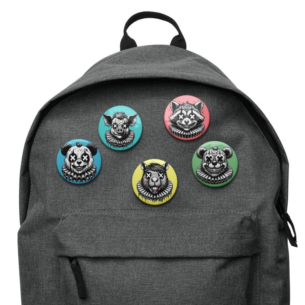 Creepy Spooky Dark Clowncore Gore Clown Amimals Gothic Weirdcore Set of 5 Button Pins