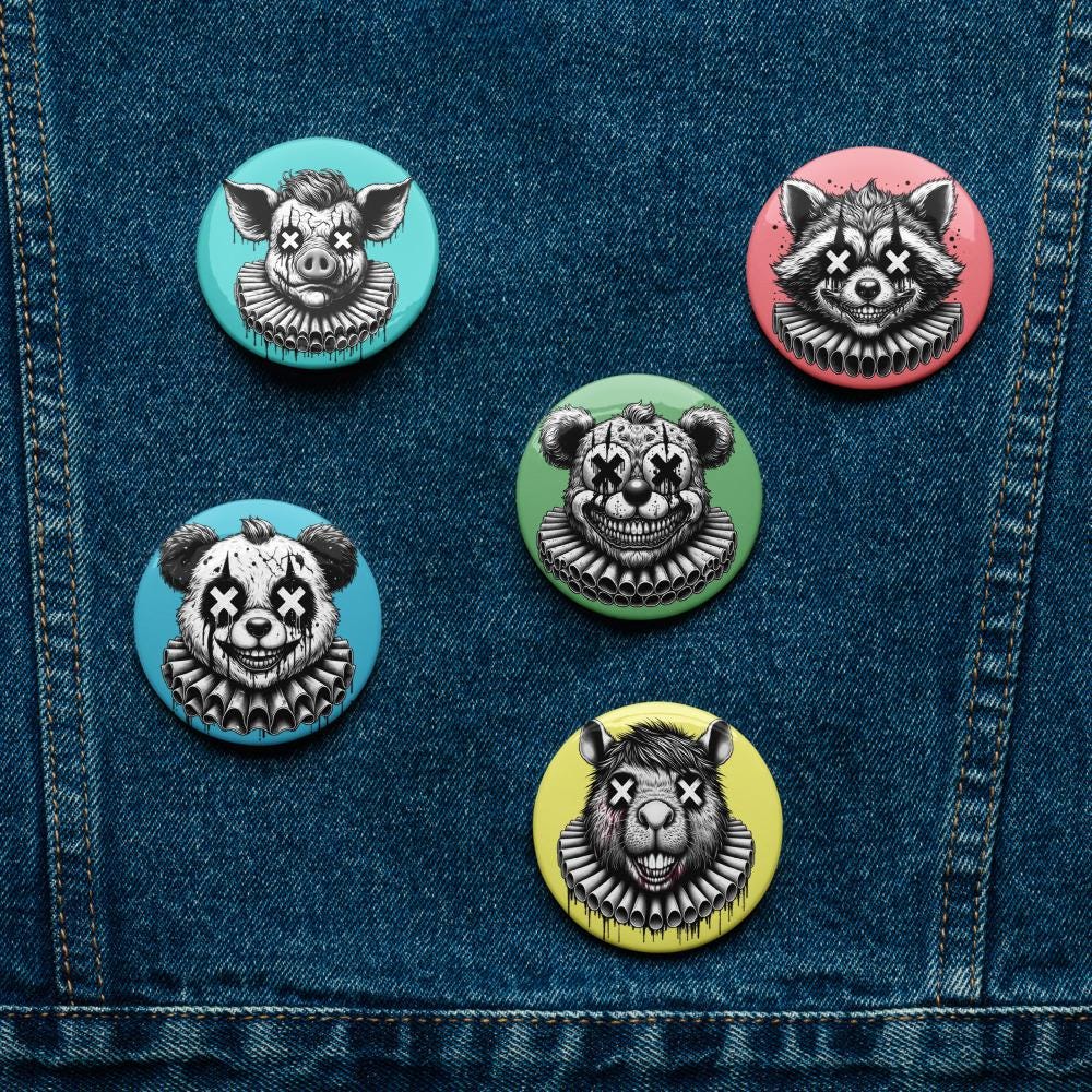 Creepy Spooky Dark Clowncore Gore Clown Amimals Gothic Weirdcore Set of 5 Button Pins
