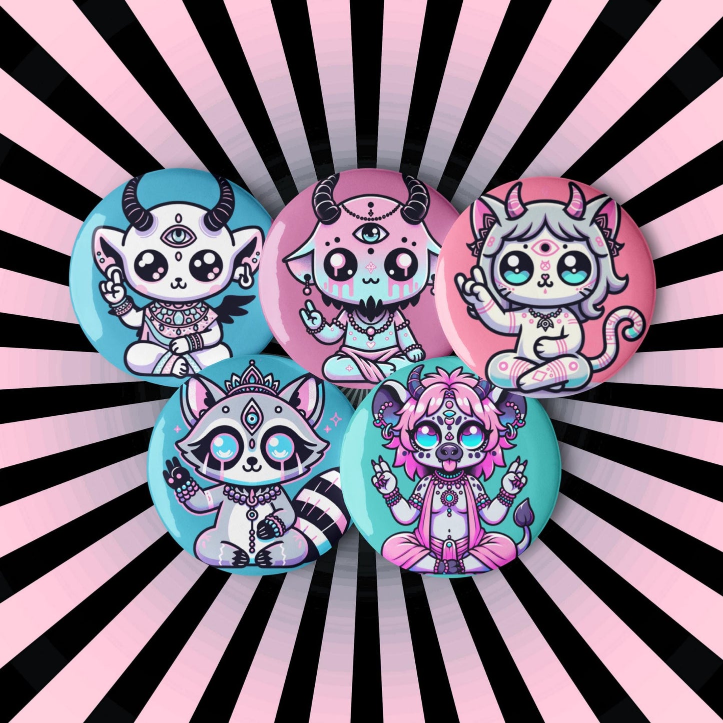 Creepy Cute Weirdcore Shaman Demon Animals Set of 5 Button Pins