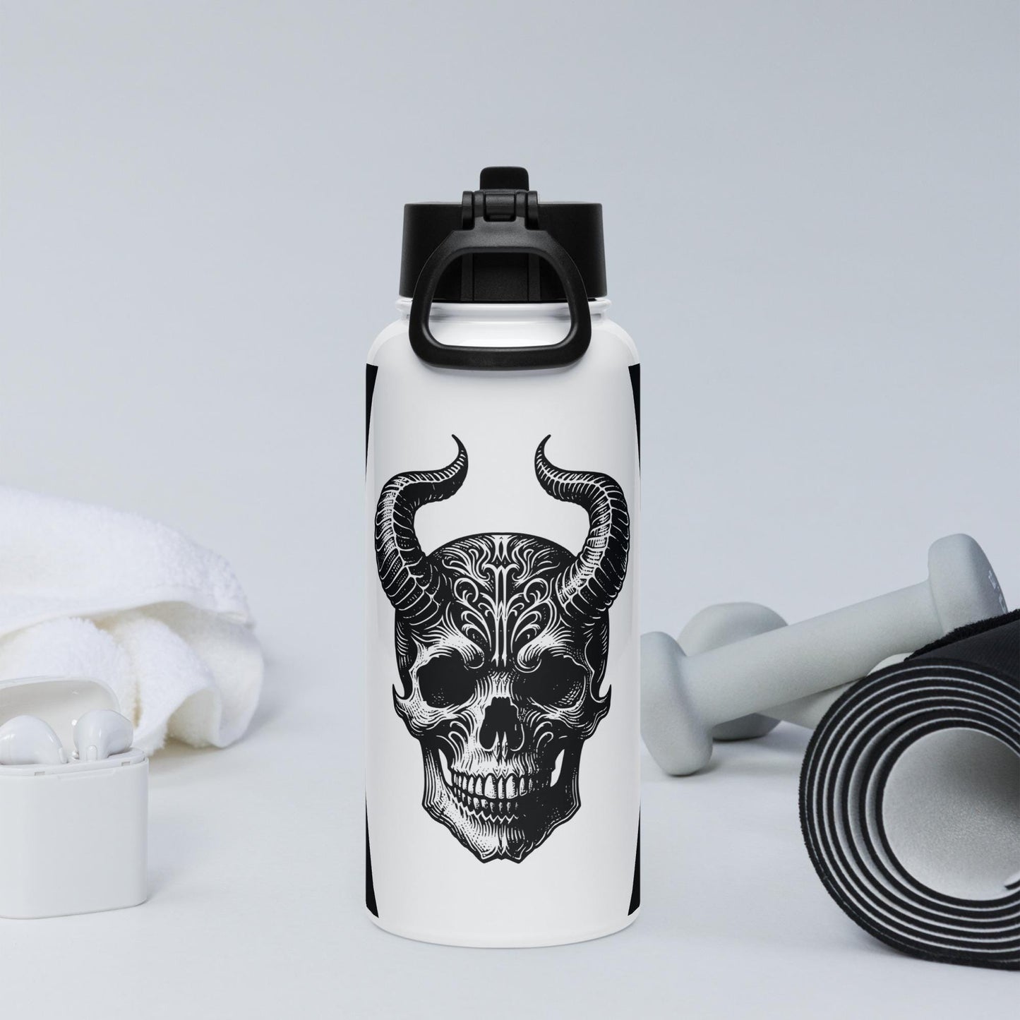 Darkcore Gothic Horned Skull Tumbler Stainless Steel Water Bottle with Straw & Lid