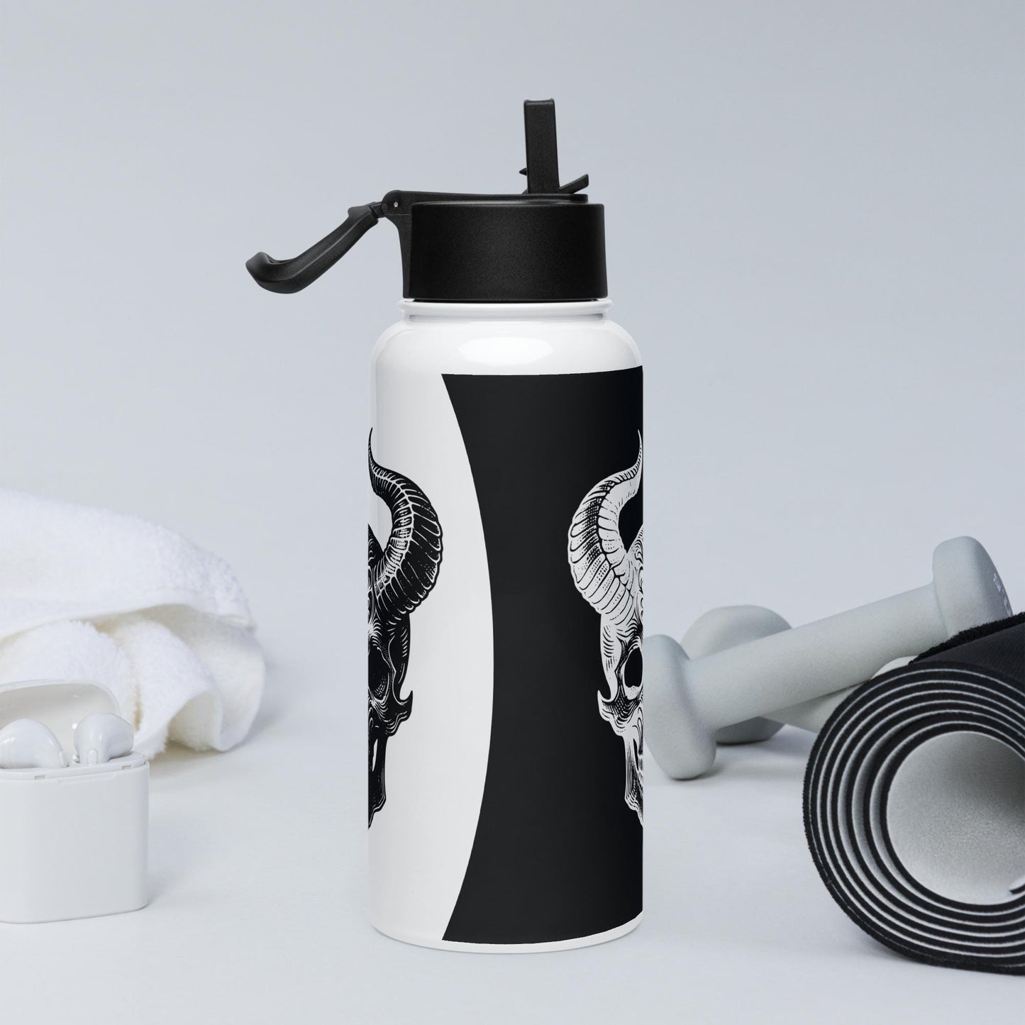 Darkcore Gothic Horned Skull Tumbler Stainless Steel Water Bottle with Straw & Lid