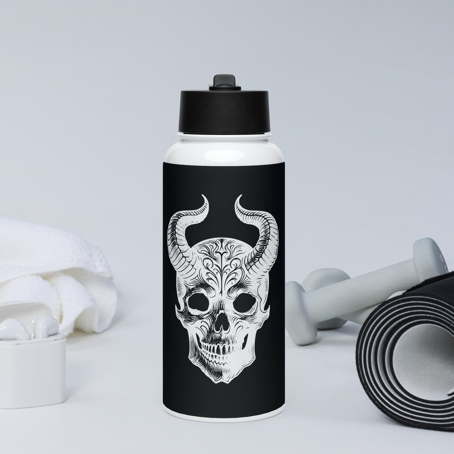 Darkcore Gothic Horned Skull Tumbler Stainless Steel Water Bottle with Straw & Lid