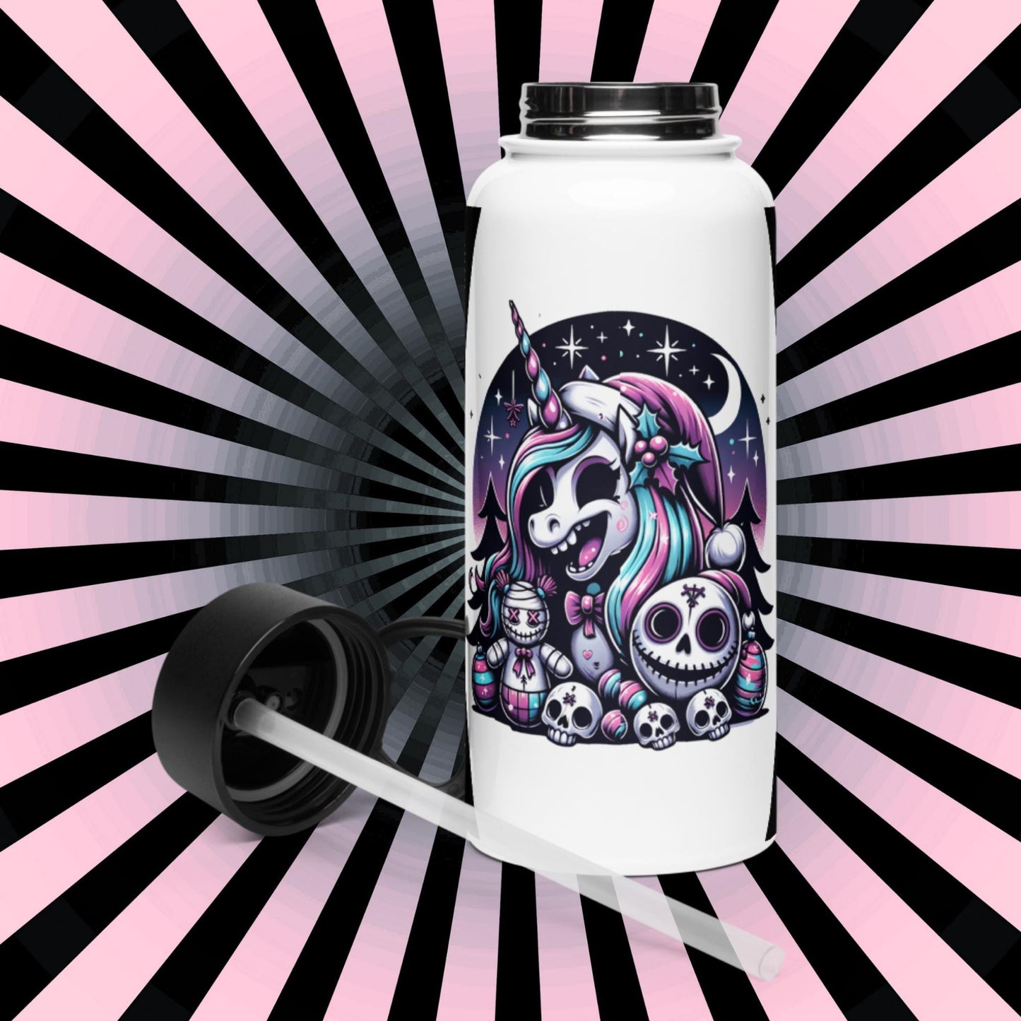 Creepy Cute Unicorn Santa Hat Grunge Pastel Goth Weirdcore Tumbler Stainless Steel Water Bottle with Straw & Lid