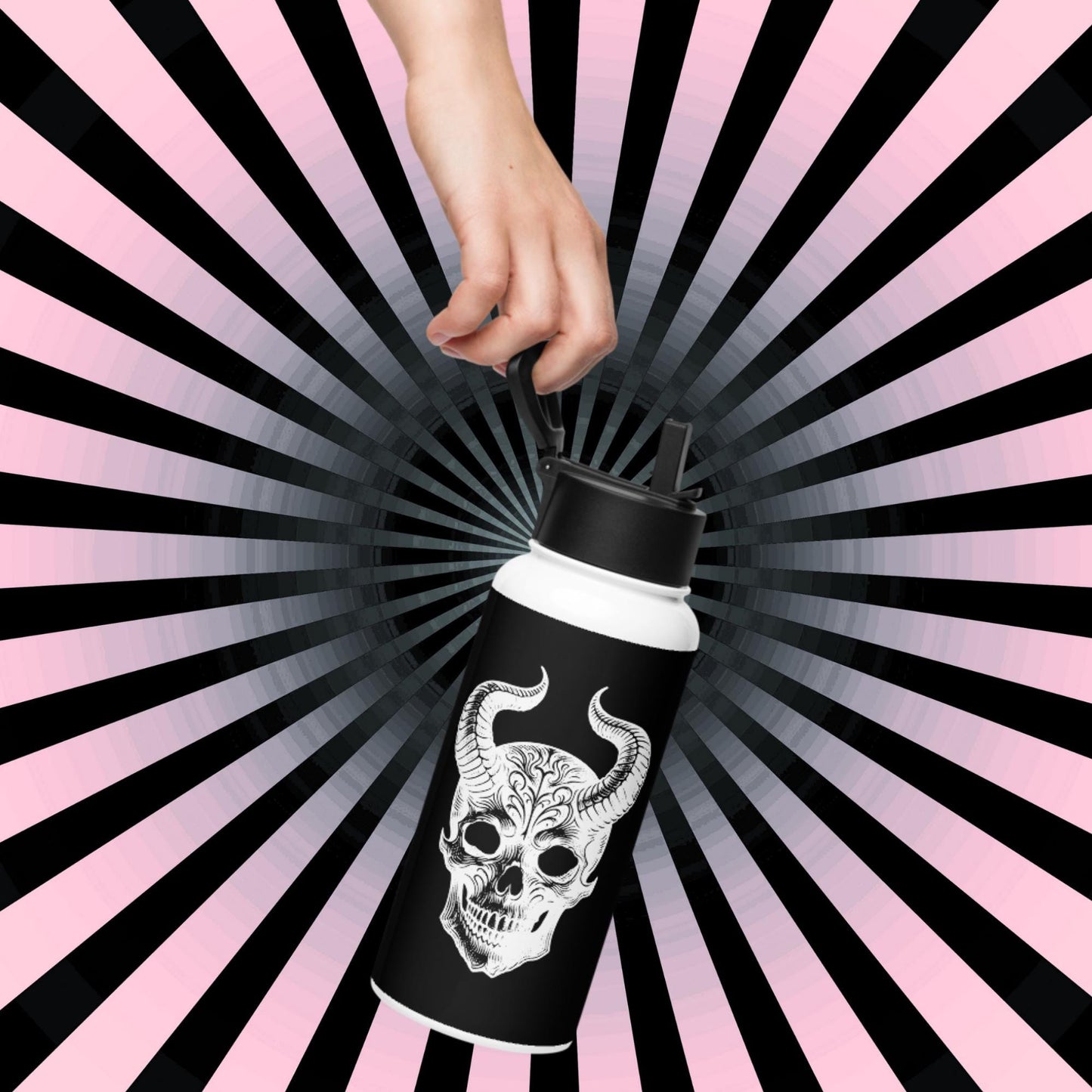 Darkcore Gothic Horned Skull Tumbler Stainless Steel Water Bottle with Straw & Lid