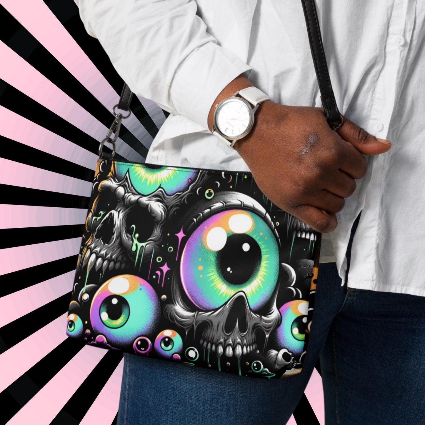 Weirdcore Eyeballs Strange Skulls and Weird Eyes Clutch Goth Grunge Purse Crossbody Bag