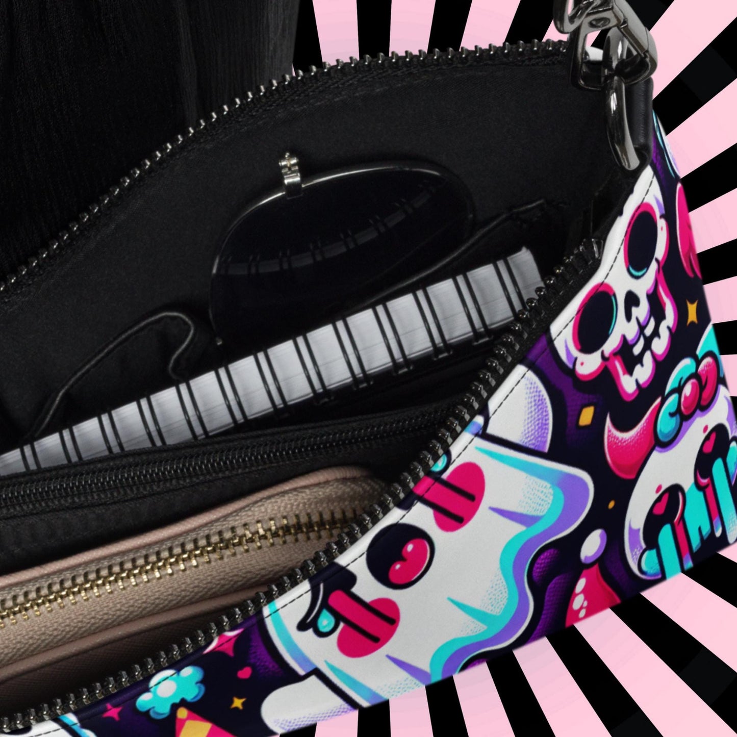 Clowncore Neon Goth Horror Punkrock Sugar Skulls Clowns Weirdcore Pastel Goth Grunge Clutch Purse Crossbody Bag