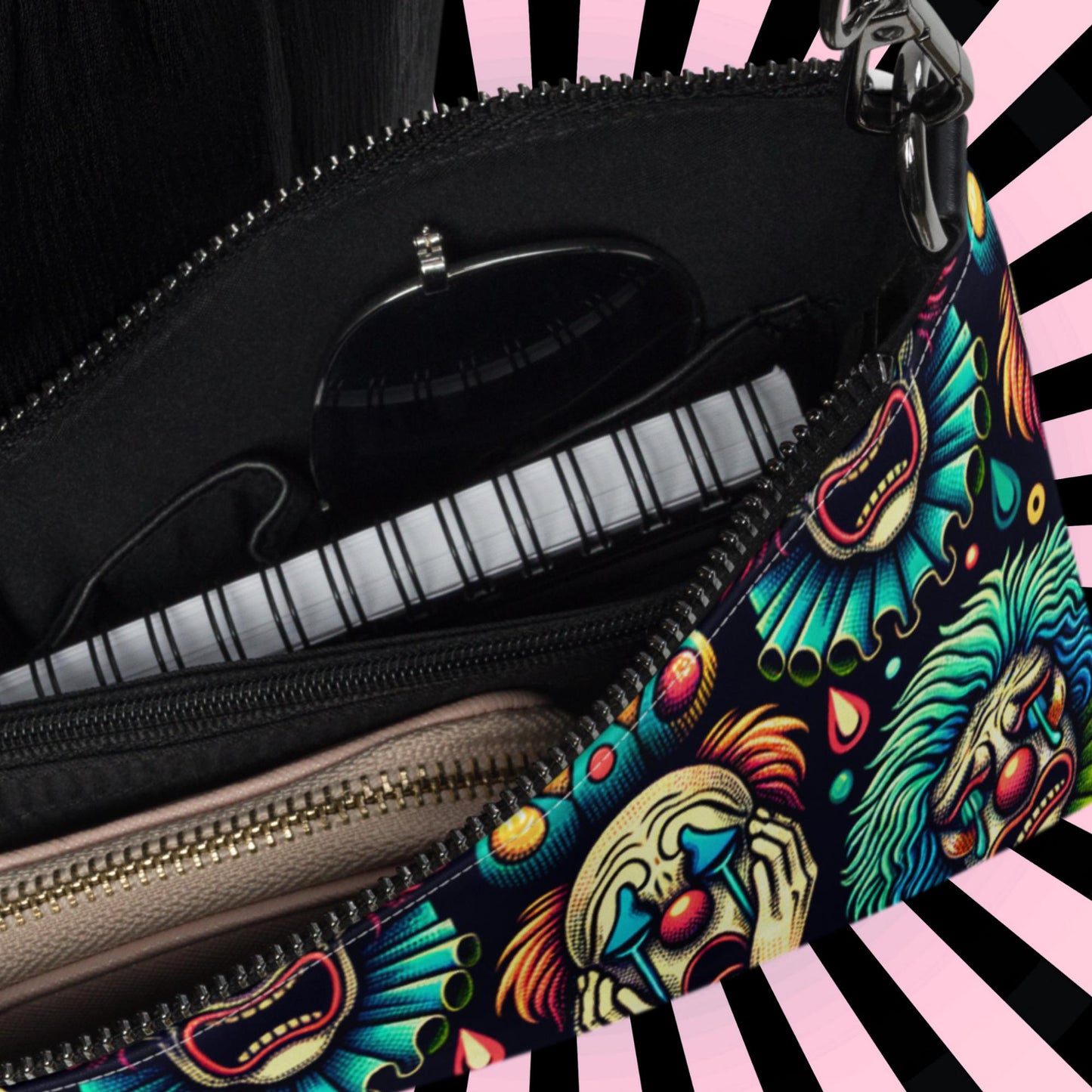 Weirdcore Strange Clowncore Clown Faces Punkrock Clutch Goth Grunge Purse Crossbody Bag