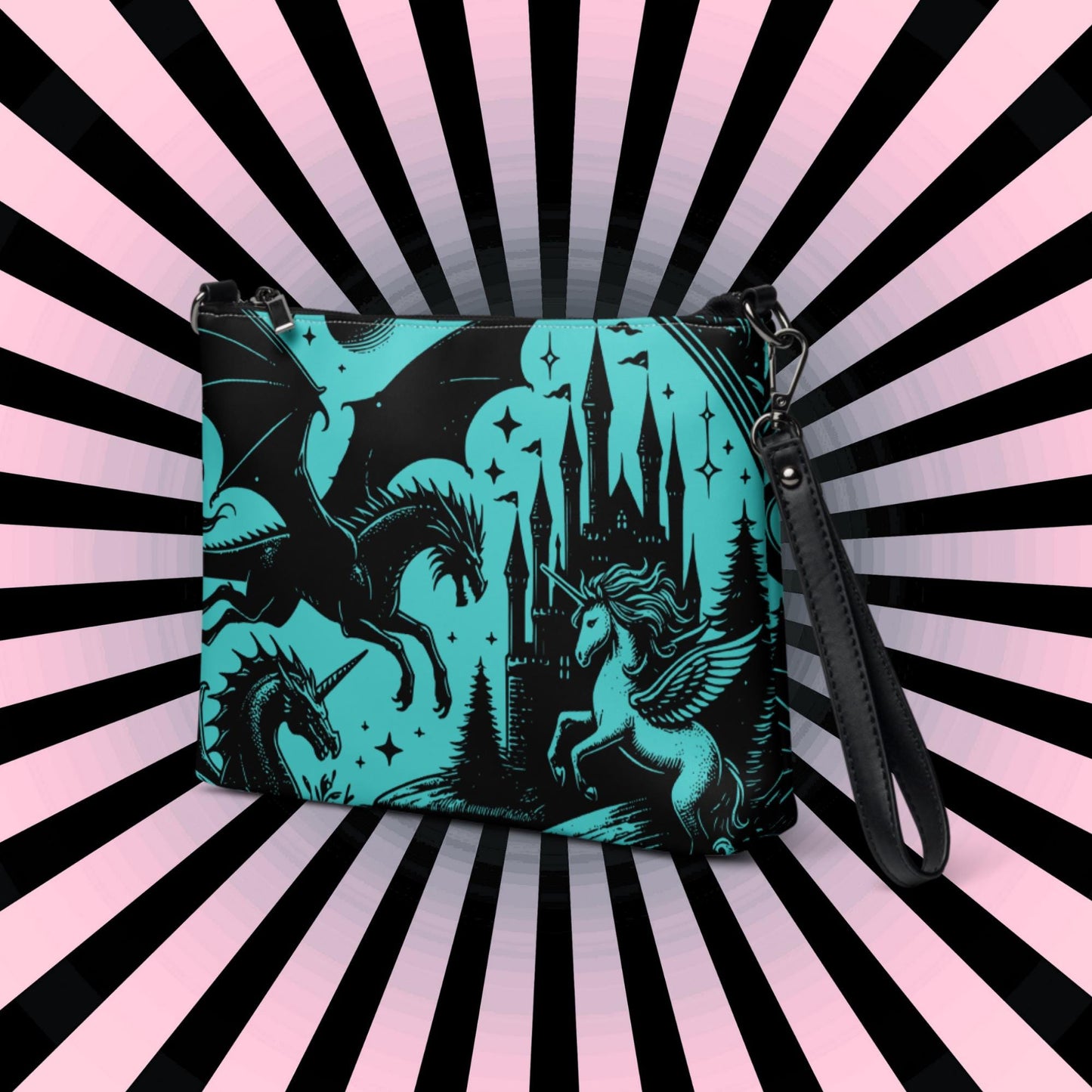 Teal Pastel Goth Scene Dragon Unicorn Clutch Bag Gothic Grunge Purse Crossbody Bag