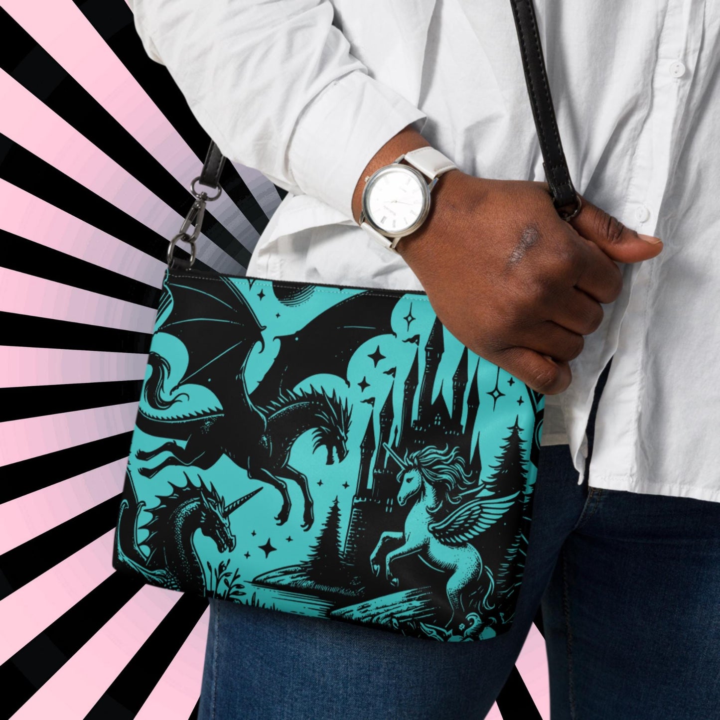 Teal Pastel Goth Scene Dragon Unicorn Clutch Bag Gothic Grunge Purse Crossbody Bag