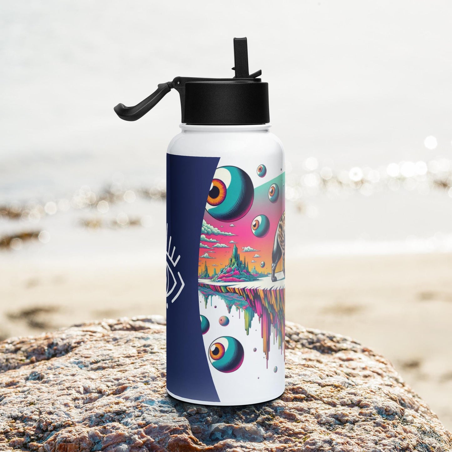 Creepy Weirdcore Hyena Floating Eyeballs Stainless Steel Water Bottle with Straw & Lid
