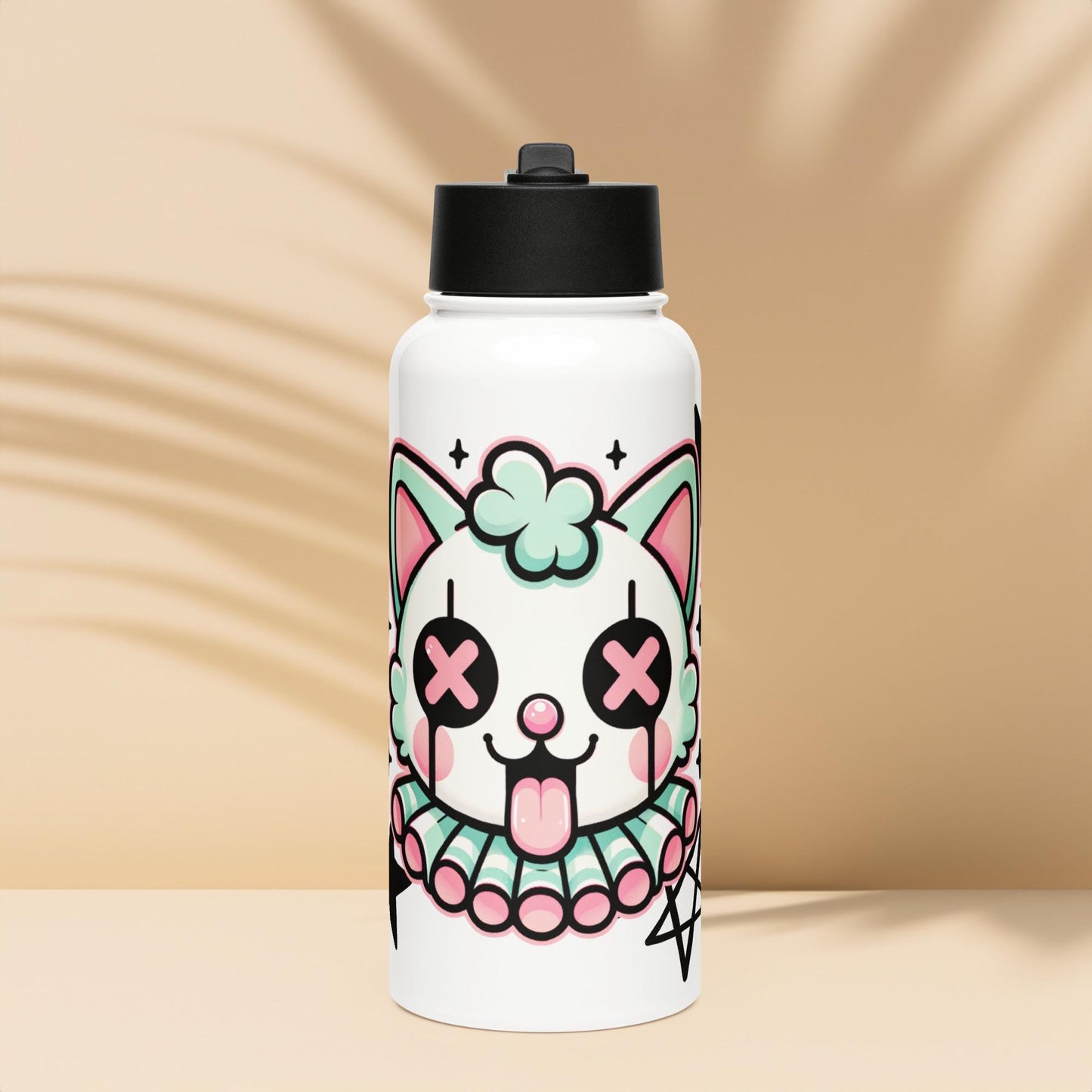 Creepy Cute Weirdcore Clown Kitty Grunge Kidcore Tumbler Stainless Steel Water Bottle with Straw & Lid