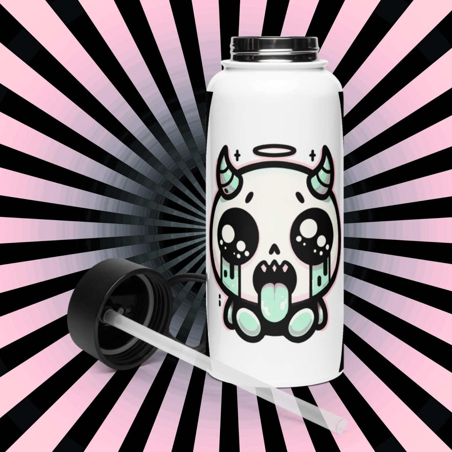 Creepy Cute Kawaii Pastel Grunge Weirdcore Demon Angel Stainless Steel Water Bottle with Straw & Lid