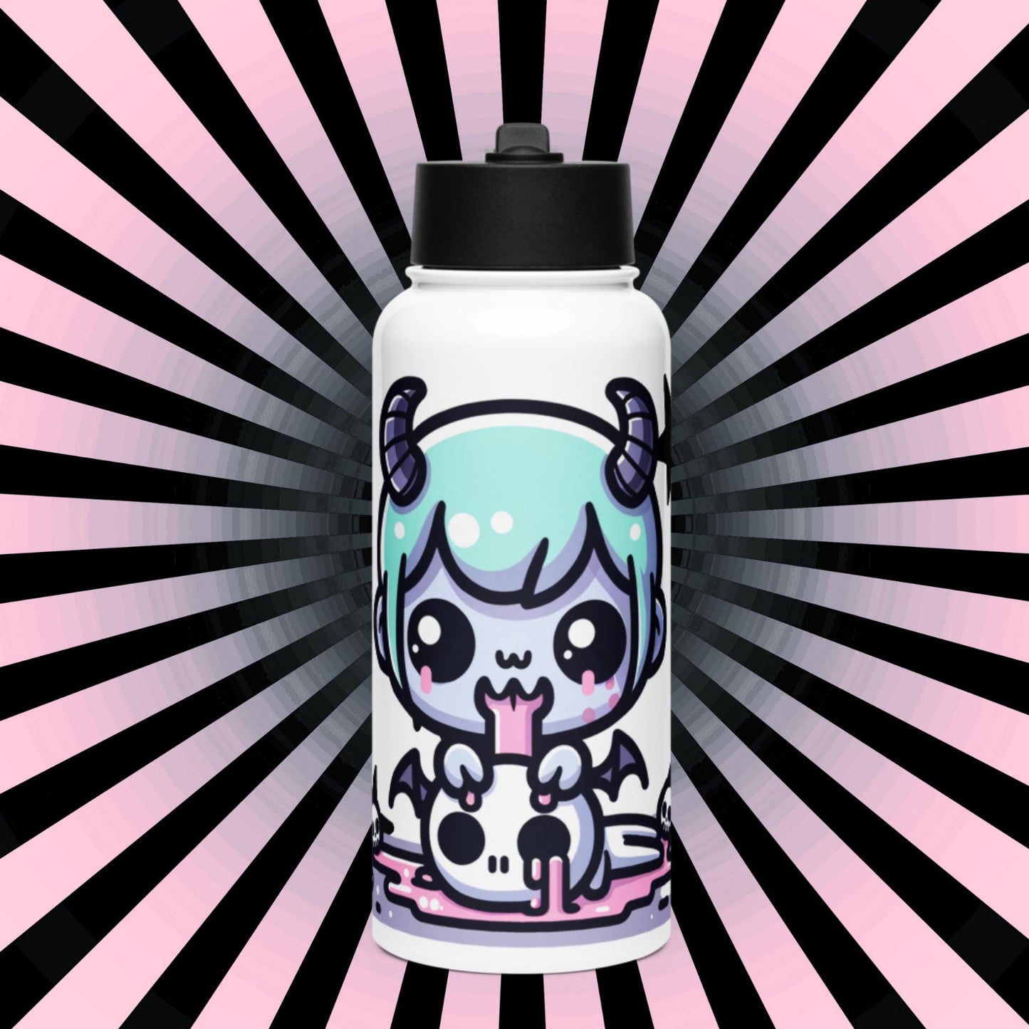 Creepy Cute Kawaii Anime Demon Boy Weirdcore Tumbler Stainless Steel Water Bottle with Straw & Lid