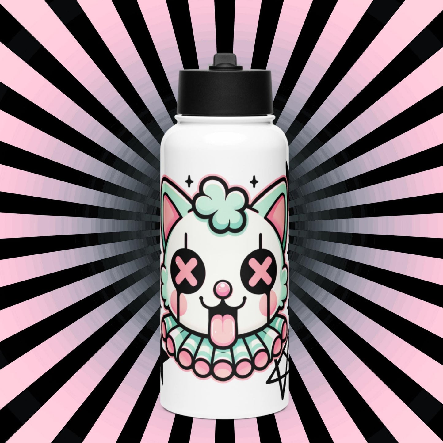 Creepy Cute Weirdcore Clown Kitty Grunge Kidcore Tumbler Stainless Steel Water Bottle with Straw & Lid