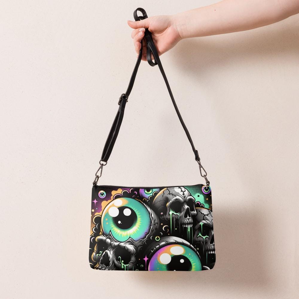 Weirdcore Eyeballs Strange Skulls and Weird Eyes Clutch Goth Grunge Purse Crossbody Bag