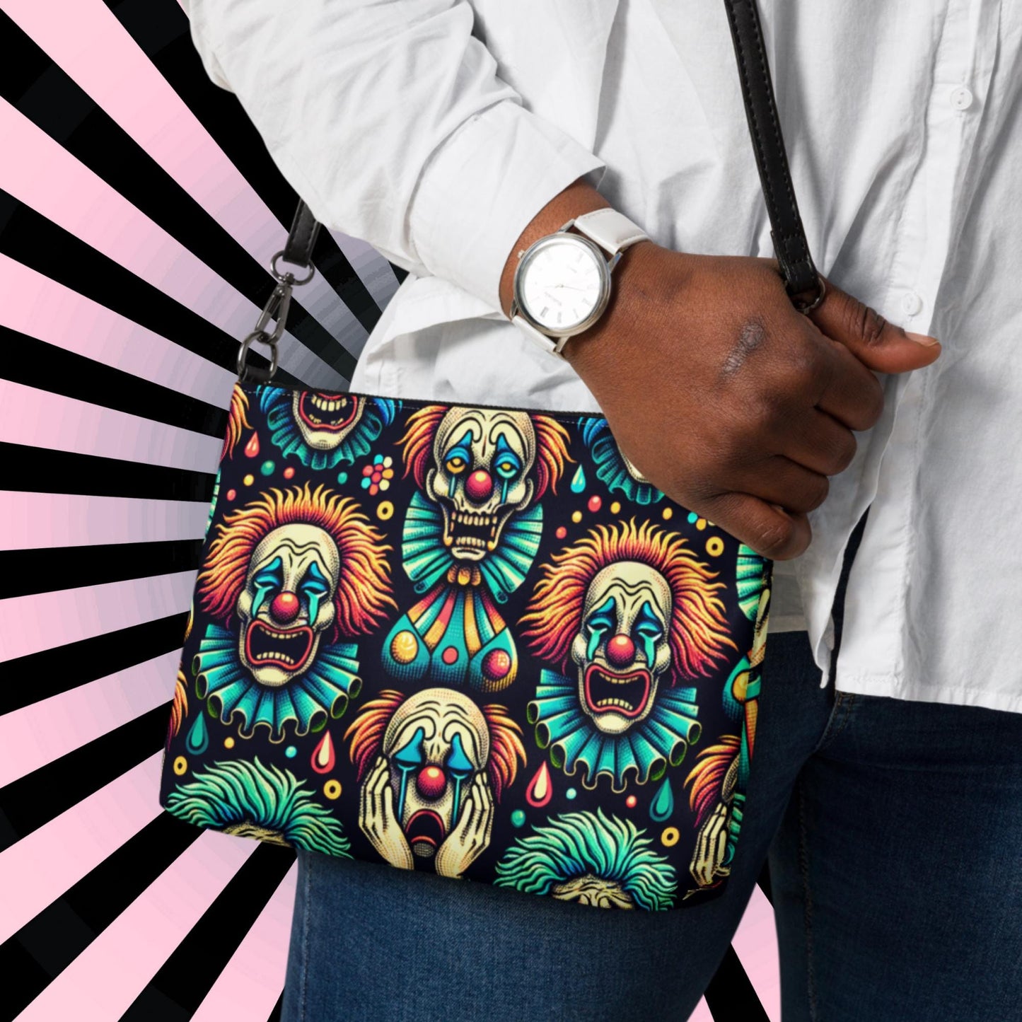 Weirdcore Strange Clowncore Clown Faces Punkrock Clutch Goth Grunge Purse Crossbody Bag