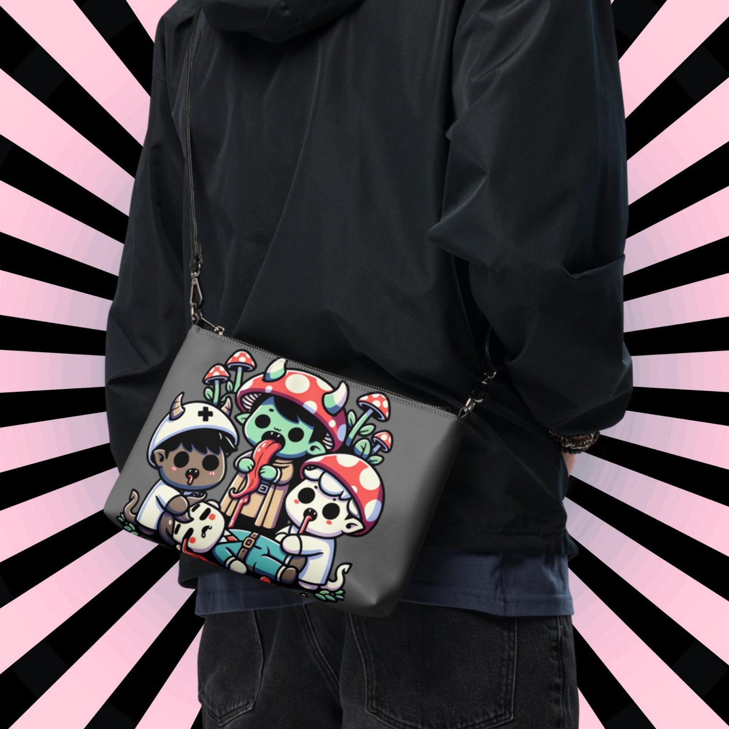 Grey Weirdcore Pastel Goth Scene Zombie Mushroom Kids Kidcore Clutch Bag Gothic Grunge Purse Crossbody Bag