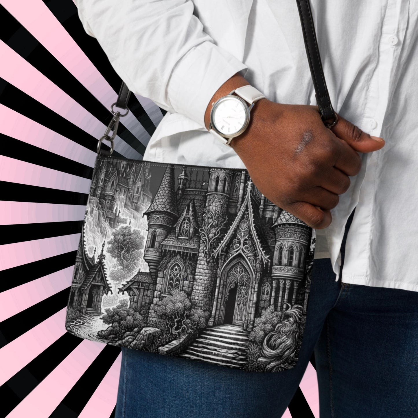 Black and White Gothic Cathedral Pastel Goth Scene Clutch Bag Gothic Grunge Purse Crossbody Bag