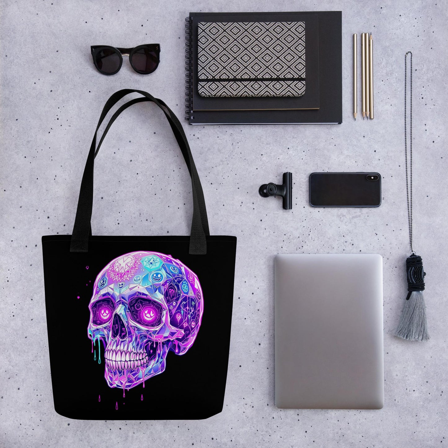 Crystal Skull Arcane Tote Bag Gothic Grunge Neon Goth Darkcore Weirdcore Dark Aesthetic Halloween Purse Tote