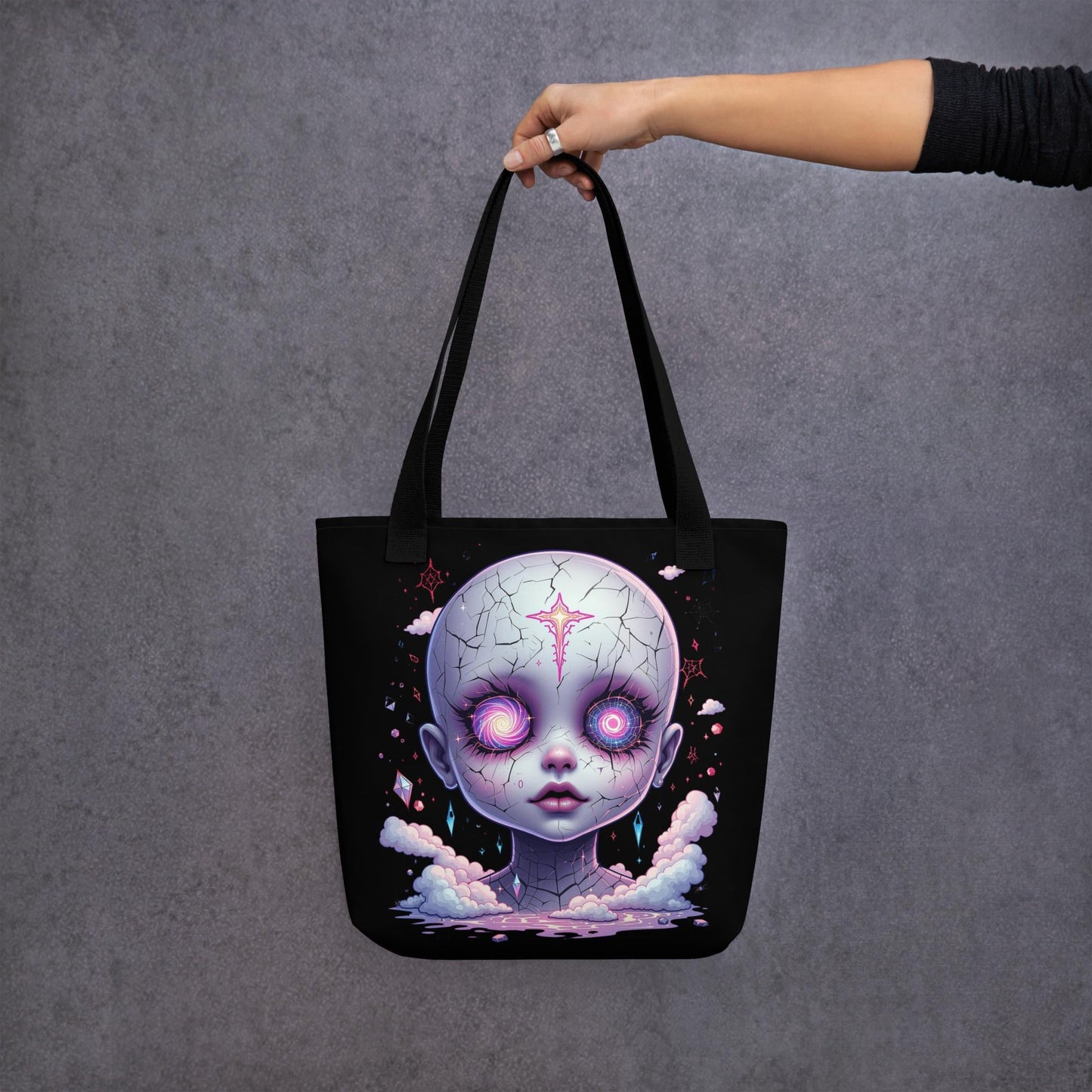 Creepy Glitch Doll Head Arcane Tote Bag Gothic Grunge Neon Goth Darkcore Weirdcore Dark Aesthetic Halloween Purse Tote