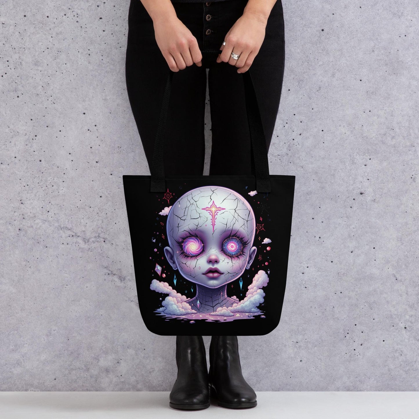 Creepy Glitch Doll Head Arcane Tote Bag Gothic Grunge Neon Goth Darkcore Weirdcore Dark Aesthetic Halloween Purse Tote