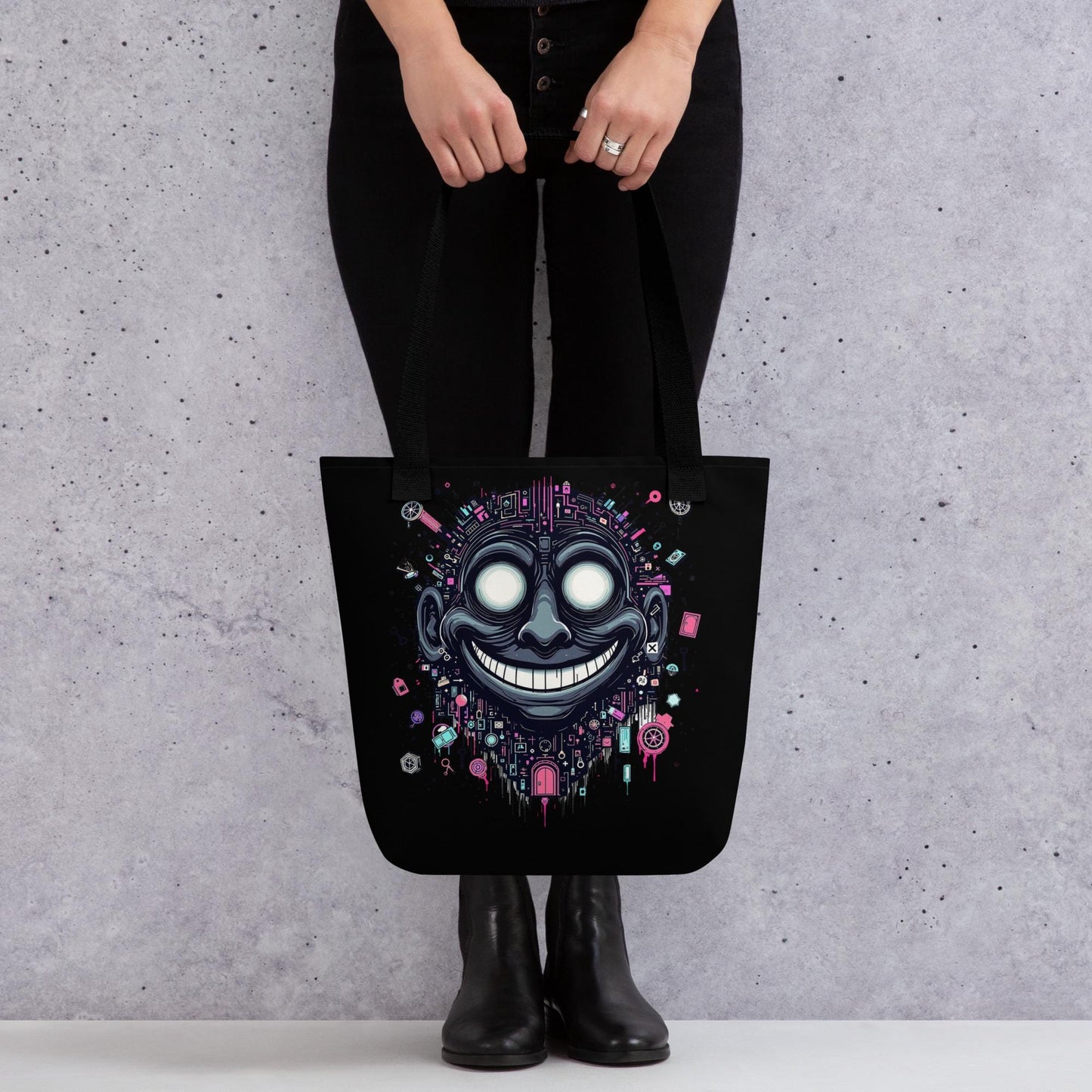 Glitch Smile Arcane Tote Bag Gothic Grunge Neon Goth Darkcore Weirdcore Dark Aesthetic Halloween Purse Tote
