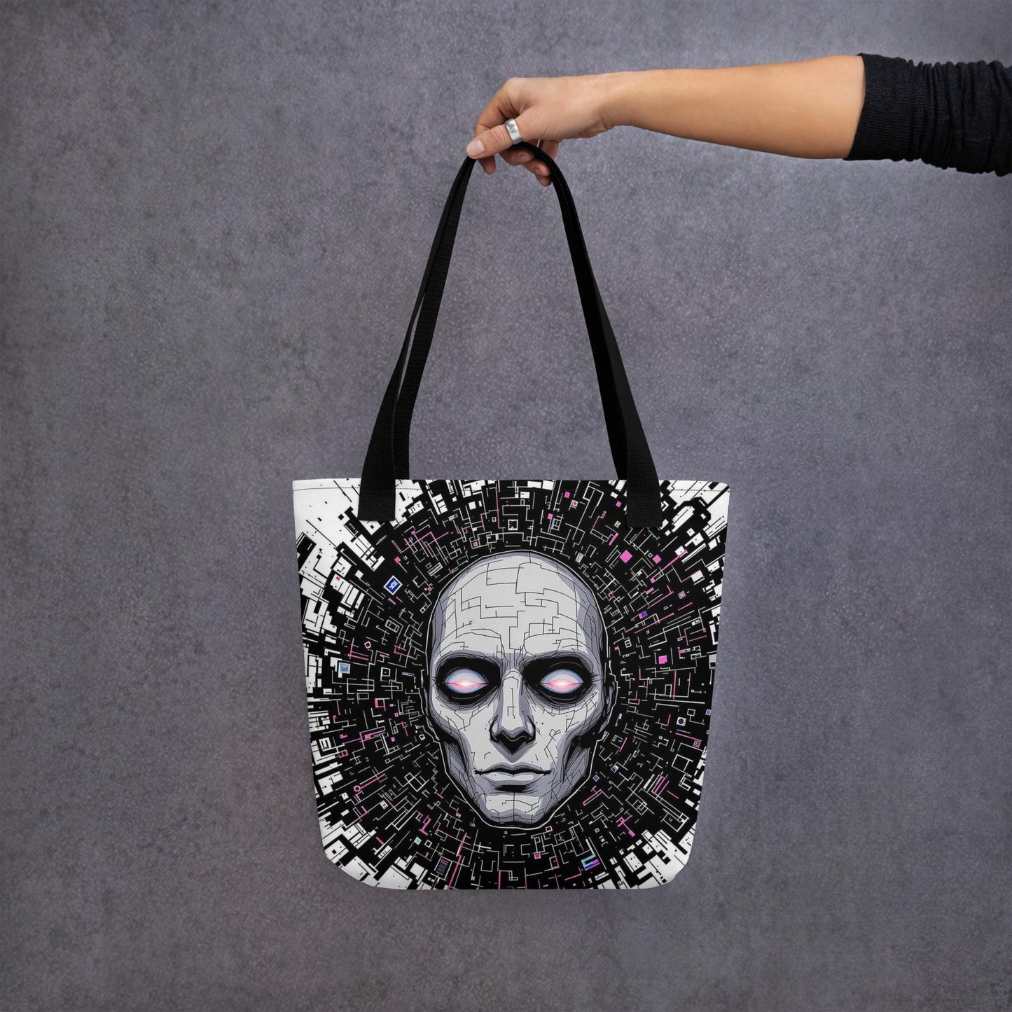 Floating Glitch Head Arcane Tote Bag Gothic Grunge Neon Goth Darkcore Weirdcore Dark Aesthetic Halloween Purse Tote