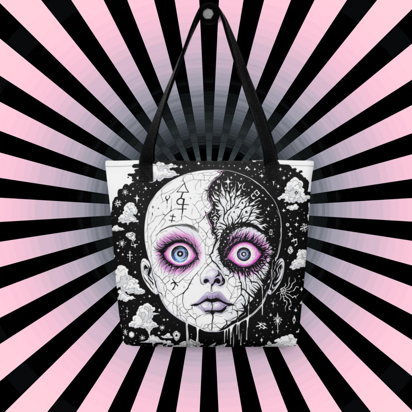 Glitch Cosmic Doll Arcane Tote Bag Gothic Grunge Neon Goth Darkcore Weirdcore Dark Aesthetic Halloween Purse Tote