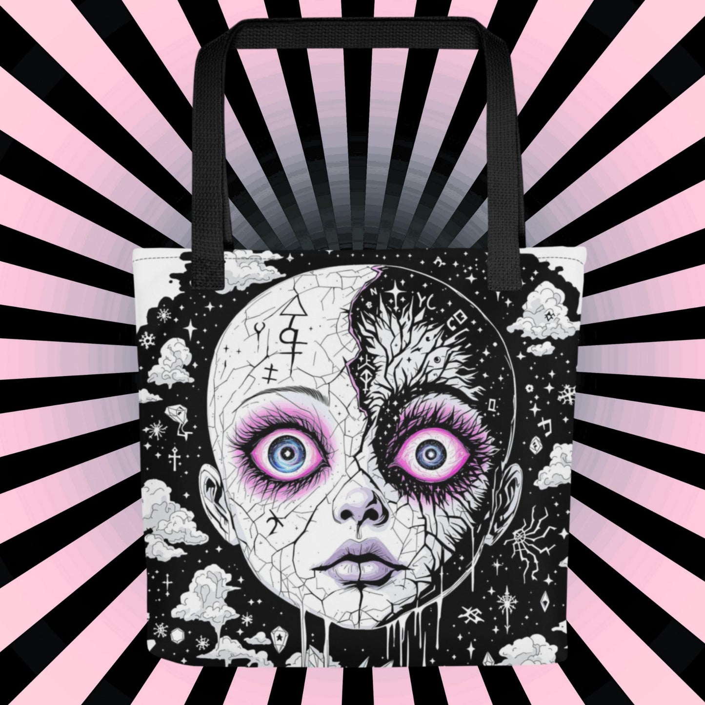 Glitch Cosmic Doll Arcane Tote Bag Gothic Grunge Neon Goth Darkcore Weirdcore Dark Aesthetic Halloween Purse Tote