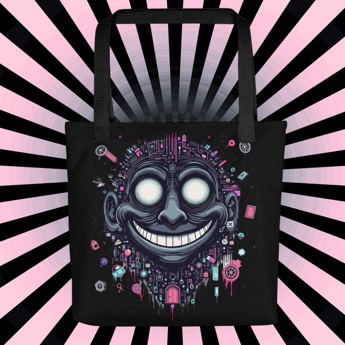 Glitch Smile Arcane Tote Bag Gothic Grunge Neon Goth Darkcore Weirdcore Dark Aesthetic Halloween Purse Tote