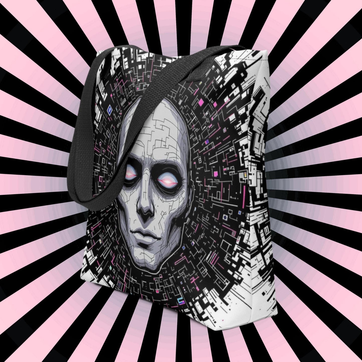 Floating Glitch Head Arcane Tote Bag Gothic Grunge Neon Goth Darkcore Weirdcore Dark Aesthetic Halloween Purse Tote