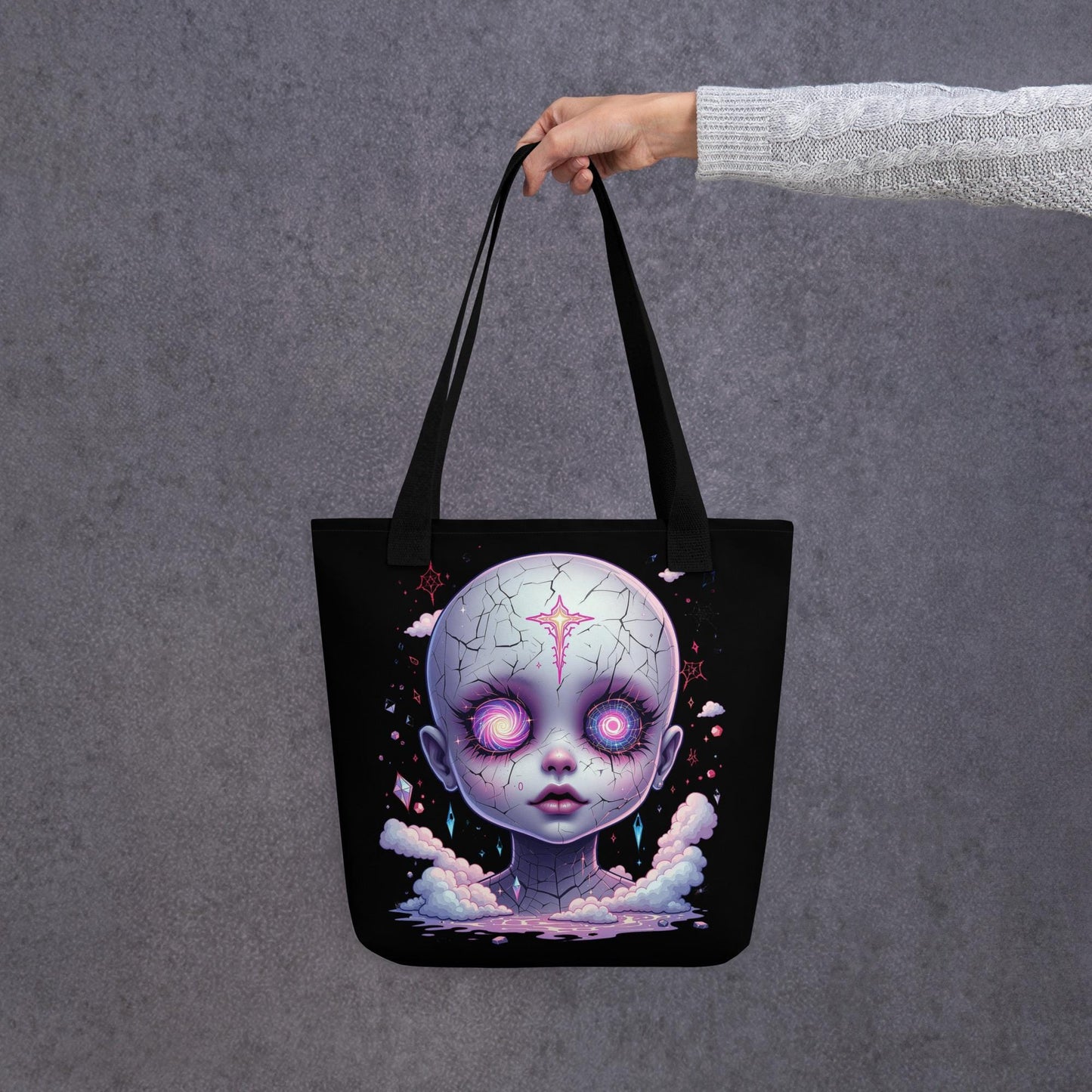 Creepy Glitch Doll Head Arcane Tote Bag Gothic Grunge Neon Goth Darkcore Weirdcore Dark Aesthetic Halloween Purse Tote