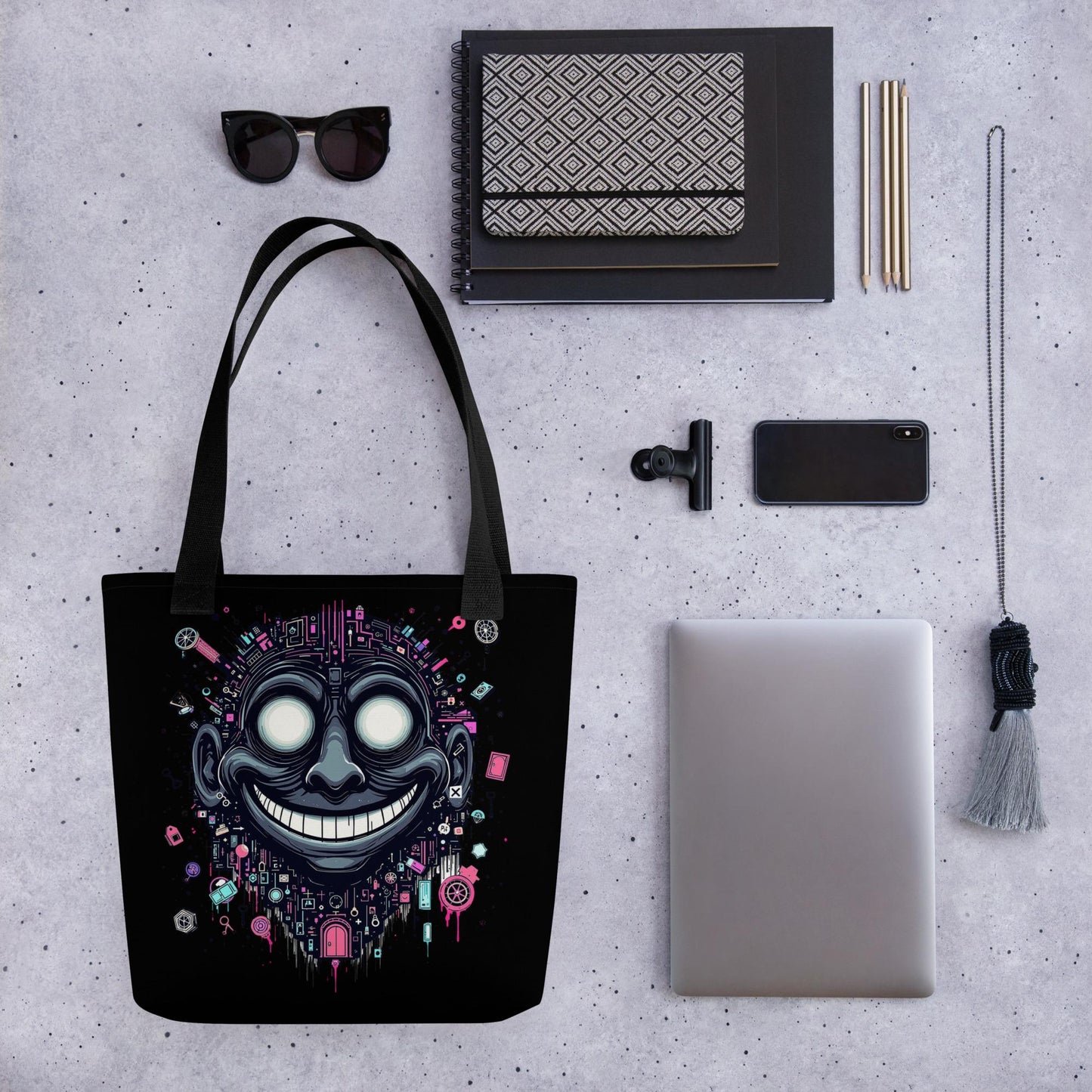 Glitch Smile Arcane Tote Bag Gothic Grunge Neon Goth Darkcore Weirdcore Dark Aesthetic Halloween Purse Tote