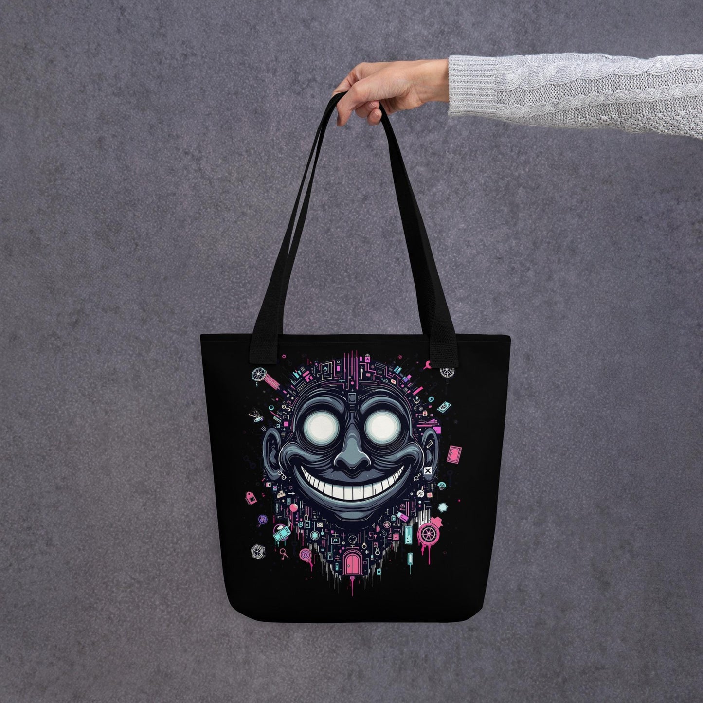 Glitch Smile Arcane Tote Bag Gothic Grunge Neon Goth Darkcore Weirdcore Dark Aesthetic Halloween Purse Tote