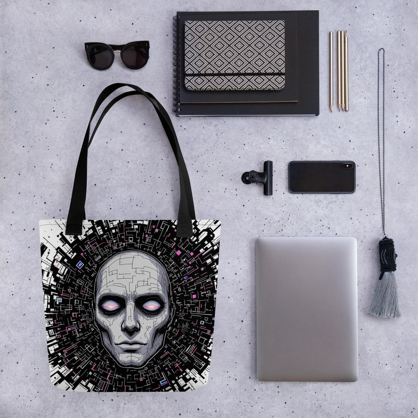 Floating Glitch Head Arcane Tote Bag Gothic Grunge Neon Goth Darkcore Weirdcore Dark Aesthetic Halloween Purse Tote