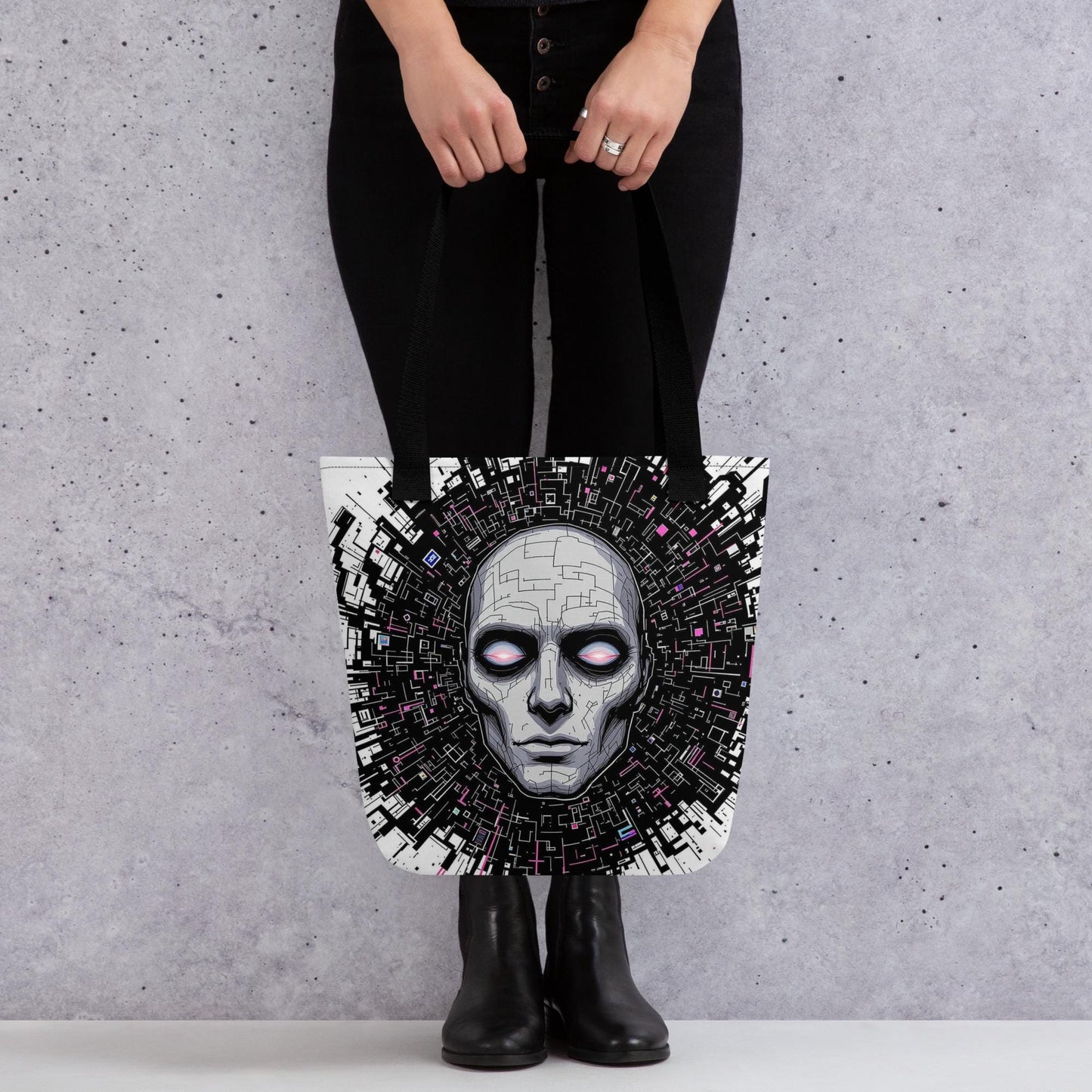 Floating Glitch Head Arcane Tote Bag Gothic Grunge Neon Goth Darkcore Weirdcore Dark Aesthetic Halloween Purse Tote