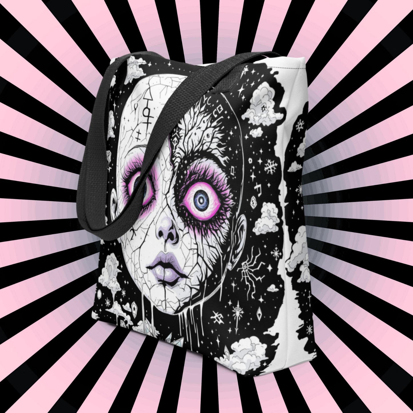 Glitch Cosmic Doll Arcane Tote Bag Gothic Grunge Neon Goth Darkcore Weirdcore Dark Aesthetic Halloween Purse Tote