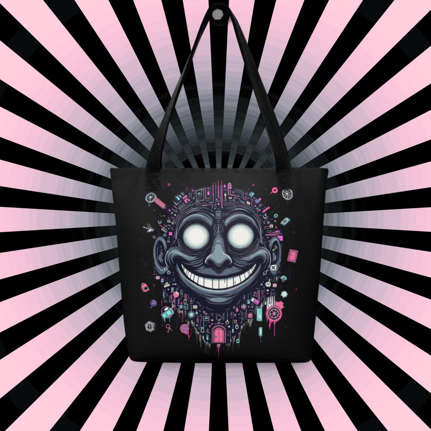 Glitch Smile Arcane Tote Bag Gothic Grunge Neon Goth Darkcore Weirdcore Dark Aesthetic Halloween Purse Tote