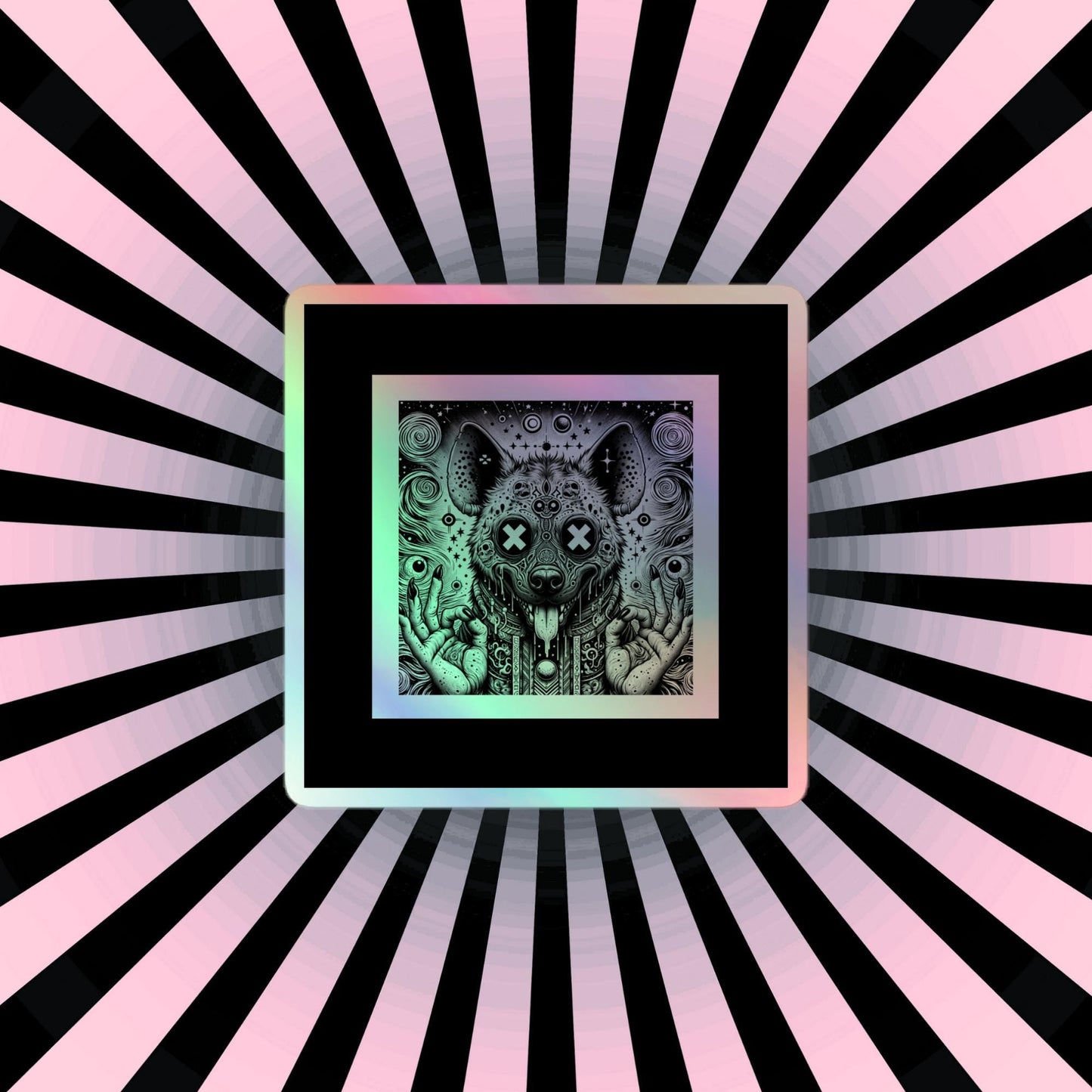 Black Border - Cut Out Size - Trippy Weirdcore Oddcore Hyena Hologram Sticker Weird Horror World Holographic sticker