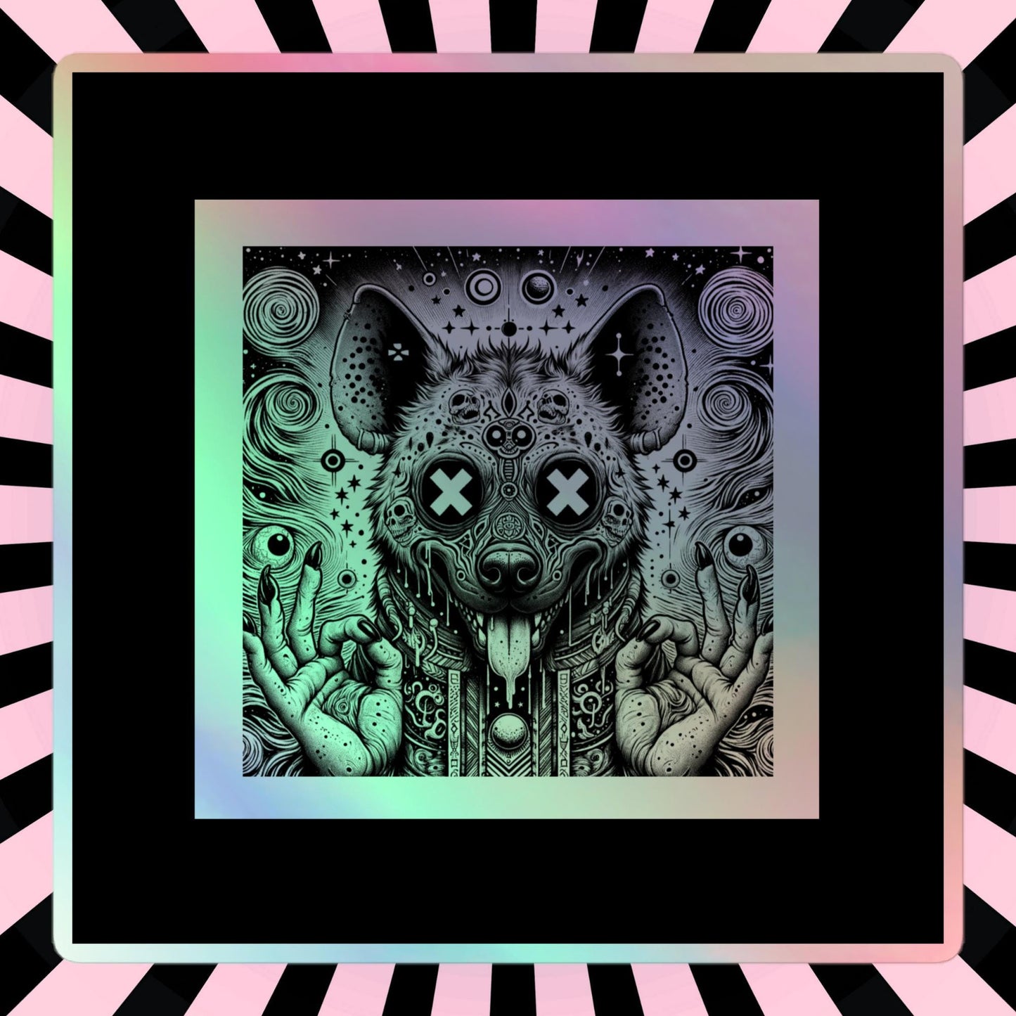 Black Border - Cut Out Size - Trippy Weirdcore Oddcore Hyena Hologram Sticker Weird Horror World Holographic sticker