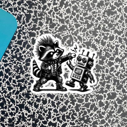 Punk Rock Raccoon Fighting Robot Sticker, Weirdcore Raccoon vs Machine Sticker, Original Design Weird Stuff Gift