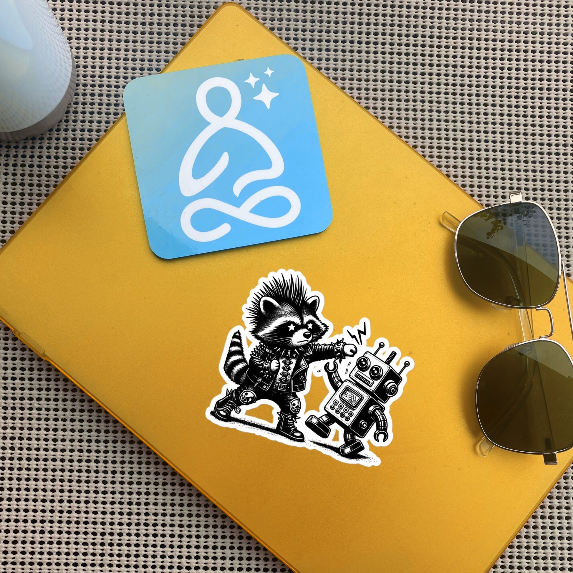 Punk Rock Raccoon Fighting Robot Sticker, Weirdcore Raccoon vs Machine Sticker, Original Design Weird Stuff Gift