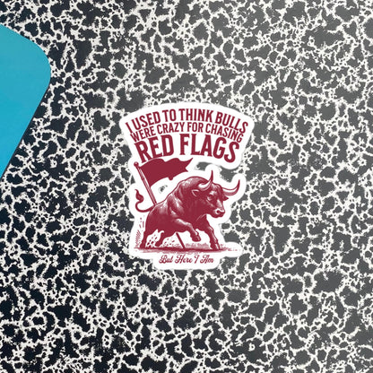 Funny Relationship Meme Vinyl Sticker, I Used to Think Bulls Were Crazy for Chasing Red Flags, But Here I Am Sticker, Fun Gag Gift