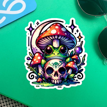 Whimsigoth Weirdcore Frog Mushroom Skull Vinyl Sticker, for Car, Bumper, Scrapbooking, Skateboards, or Crafts
