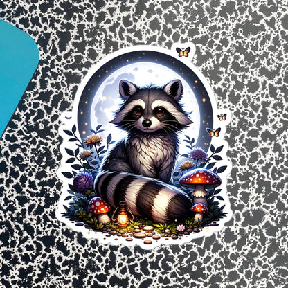 Whimsigoth Dreamcore Raccoon In Moonlight Mushrooms and Moths Original Art Unique Vinyl Sticker