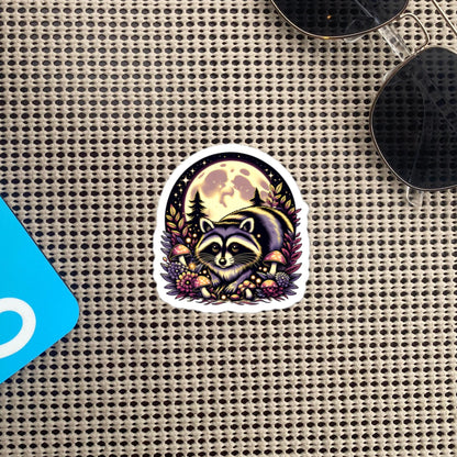 Cute Chubby Resting Raccoon in Mushrooms Under Moon Whimsigoth Dreamcore Vinyl Sticker