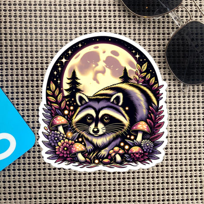 Cute Chubby Resting Raccoon in Mushrooms Under Moon Whimsigoth Dreamcore Vinyl Sticker